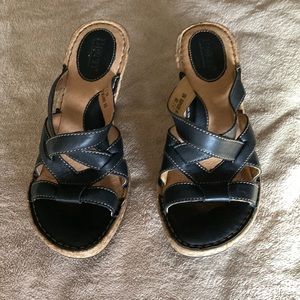 Born black leather sandals with cork wedge heel size 7